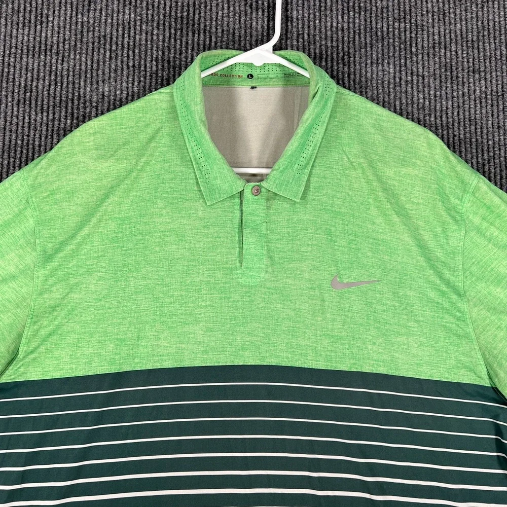 Nike‎ Tiger Woods Polo Mens Large Green Striped Short Sleeve Golf Outdoor